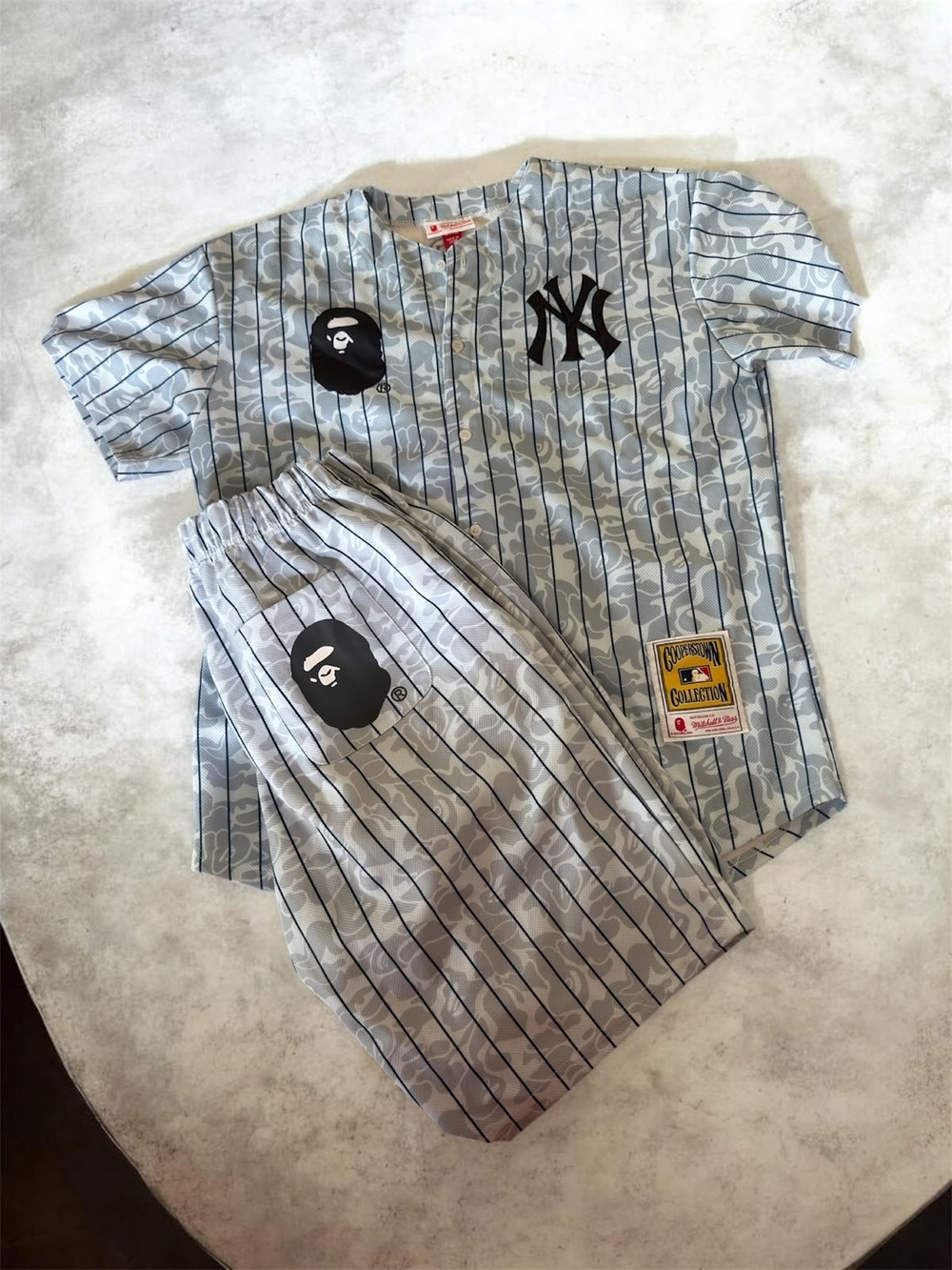 Bape Grey Camo Pinstripe NY Yankees Jersey and Shorts Set